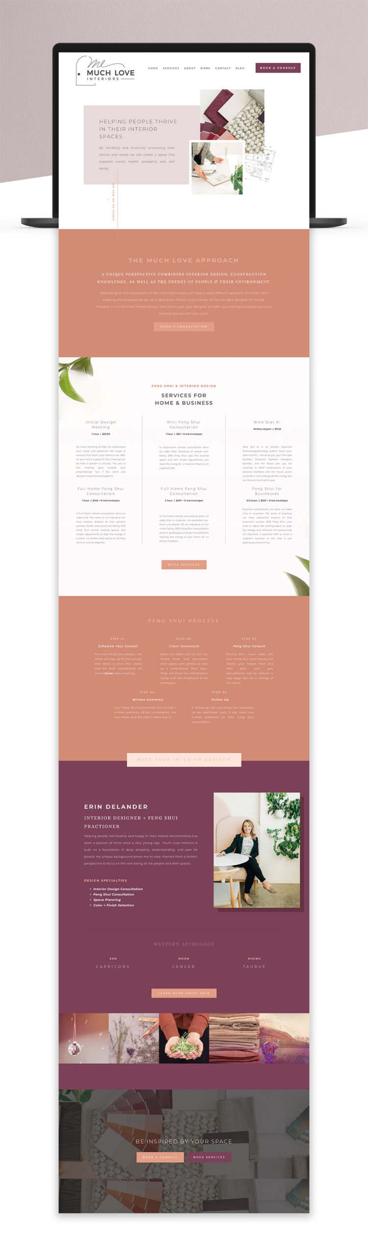 A full homepage of a single-page of one of Fire + Flow Designs' WordPress website design packages is shown spanning out of a laptop mockup on a table. 